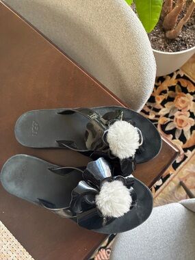 UGG  Floral  Slide Sandals with grey Pom Detail